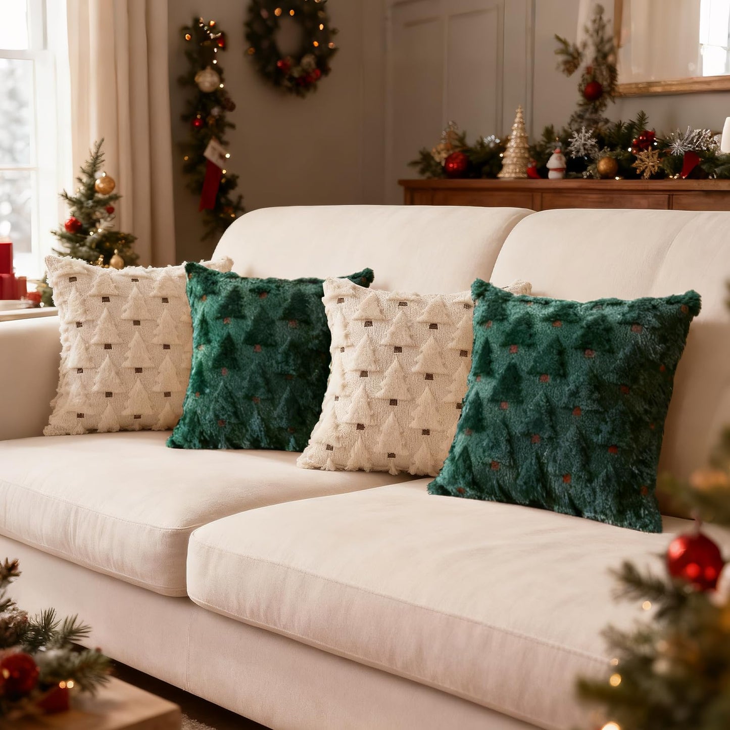 HDVUHKI Christmas Throw Pillow Covers 18x18 inch Set of 4, Beige and Green Xmas Tree Holiday Winter Living Room Soft Fluffy Plush Faux Fur Wool Decorations for Sofa Couch Bed