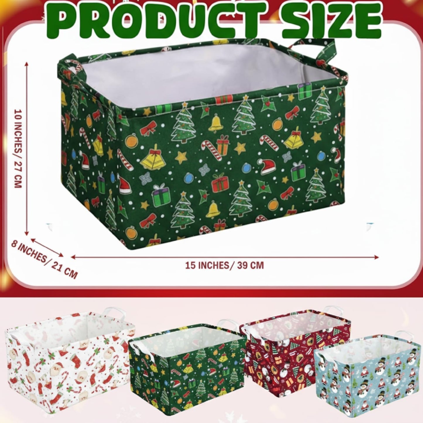 Breling 4 Pcs Christmas Storage Basket Snowman Santa Claus Candy Cane Snowman Basket with Handles Large Collapsible Storage Bins Boxes for Xmas Gift Laundry Shelves Home Office, 15 x 10 x 8 Inch