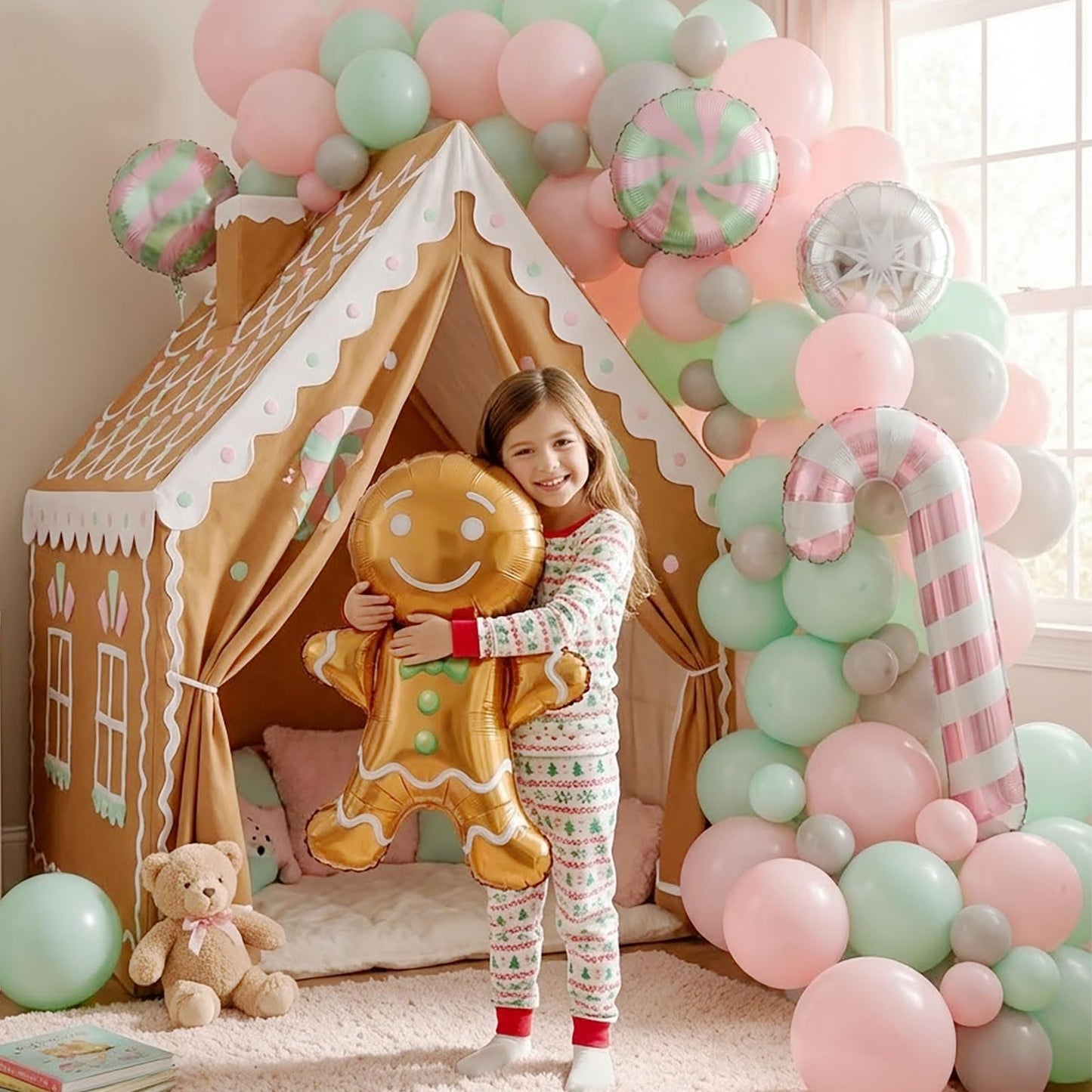 Christmas Balloon Garland Arch kit green pink balloon with Gingerbread Balloon Cane Candy Foil Balloons for friendsmas Party Decorations Xmas New Year cookie Birthday Party Supplies globos de navidad