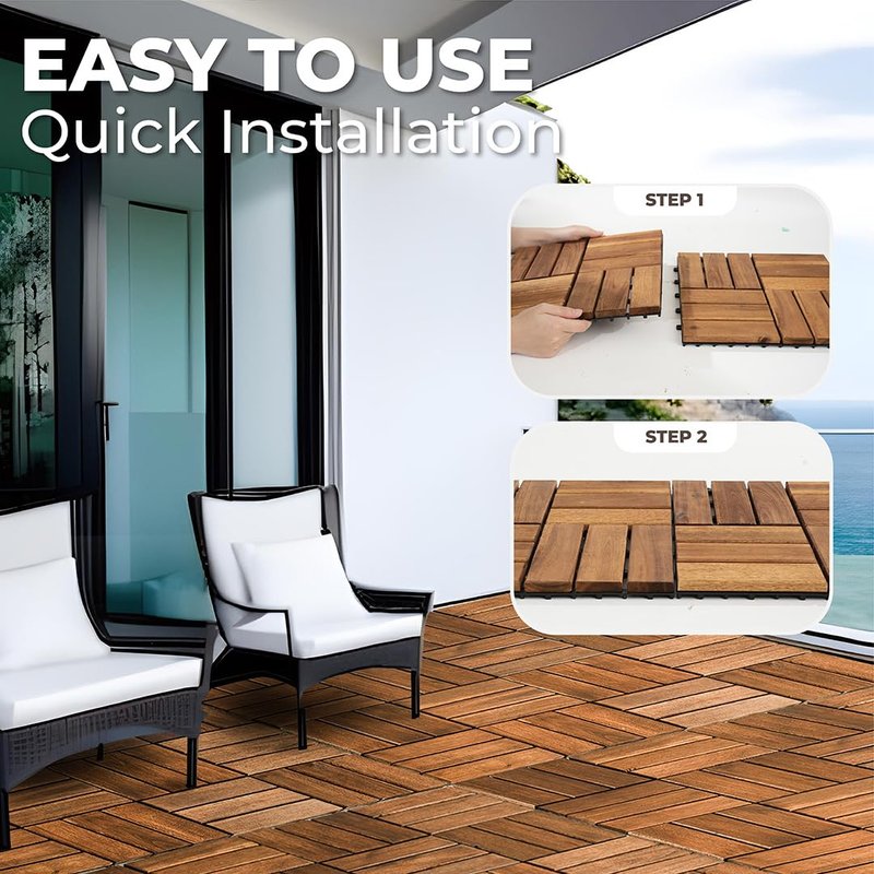 AN68 Premium Acacia Wood Interlocking Deck Tiles – Set of 9 pcs, 12"x12", Waterproof Outdoor Patio Flooring, Weather-Resistant Wooden Tiles for Balcony, Backyard, Indoor & Outdoor Use (Natural)