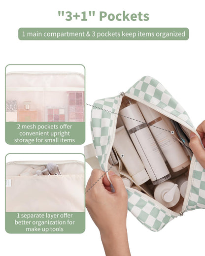 Narwey Large Checkered Travel Toiletry Bag Women Toiletries Bag Skincare Bag Makeup Bag with Handle Make up bag Organizer Cosmetic Bag Medicine Bag for Girls (Mint Green Checkerboard, Large)