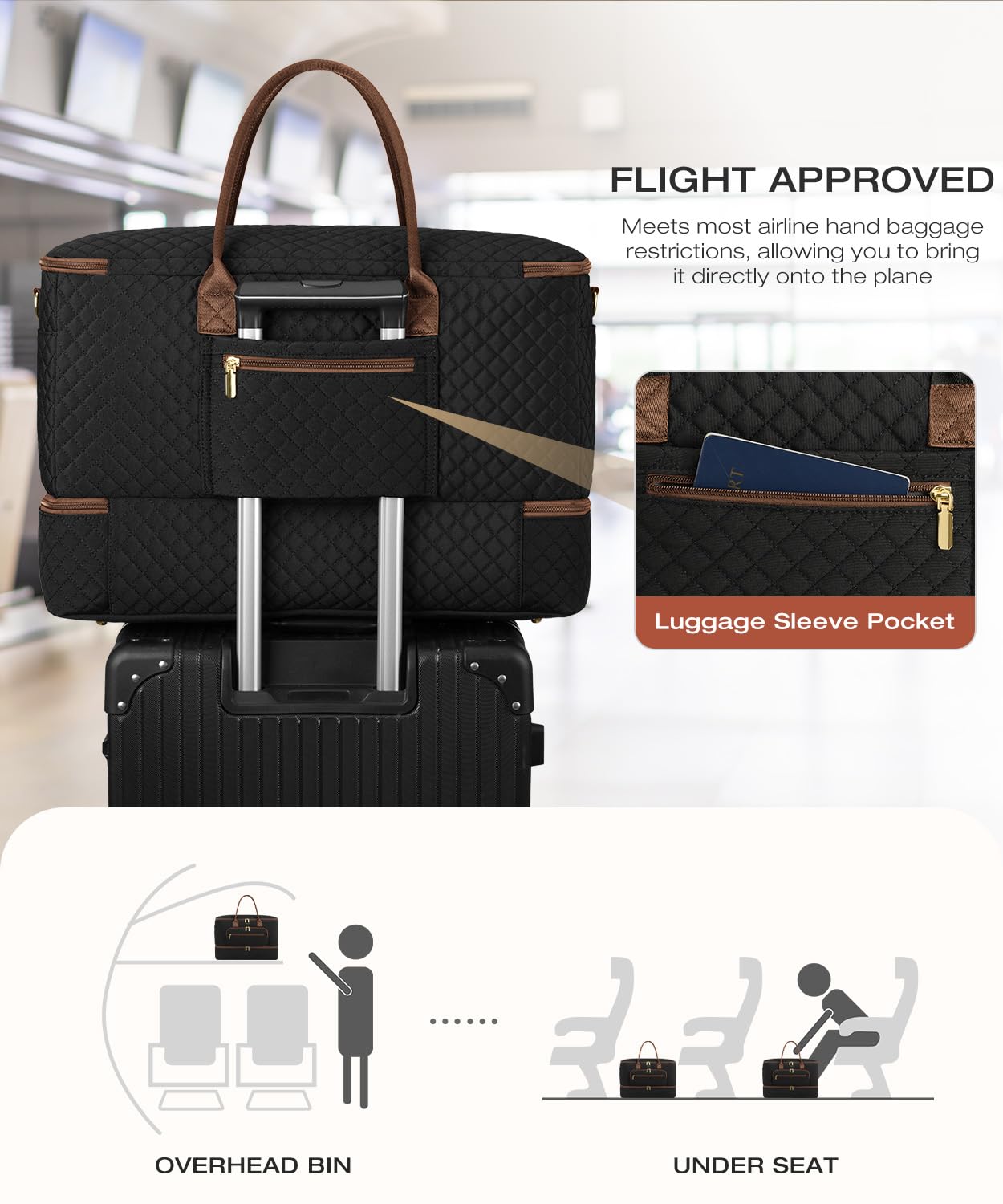 CLOKARS Travel Duffle Bag, Wide Open Large Weekender Bag for Women with Shoe Compartment, Carry on Overnight Bags with Toiletry Bag, Hospital Bag for Women Labor Delivery with Wet Pocket (Black Brown)