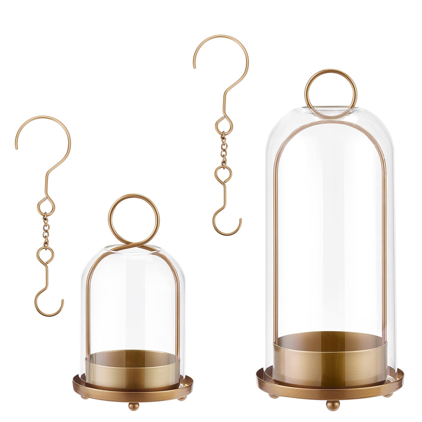 BUZFOWU Candle Holder Lanterns, Handcrafted Metal & Glass with Modern Aesthetic Design, Hurricane Pillar Candlestick Holders, Table or Hanging Decorations Set of 2, 5.1" & 4.4" Diameter, Gold