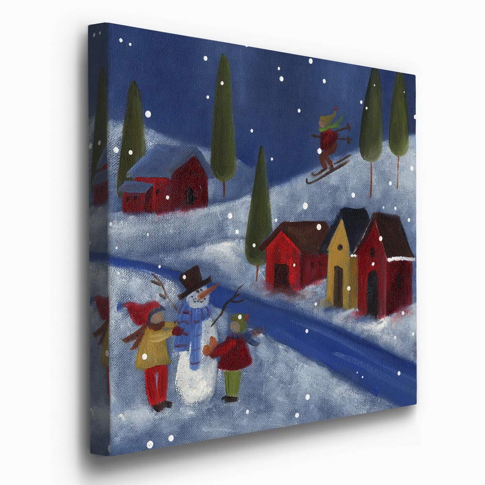 Renditions Gallery Winter Snow Scene (1) Wall Art, Cute Christmas Artwork, Skiing, Building a Snowman, Red Barn, Premium Gallery Wrapped Canvas Decor, Ready to Hang, 40 in H x 40 in W, Made in America