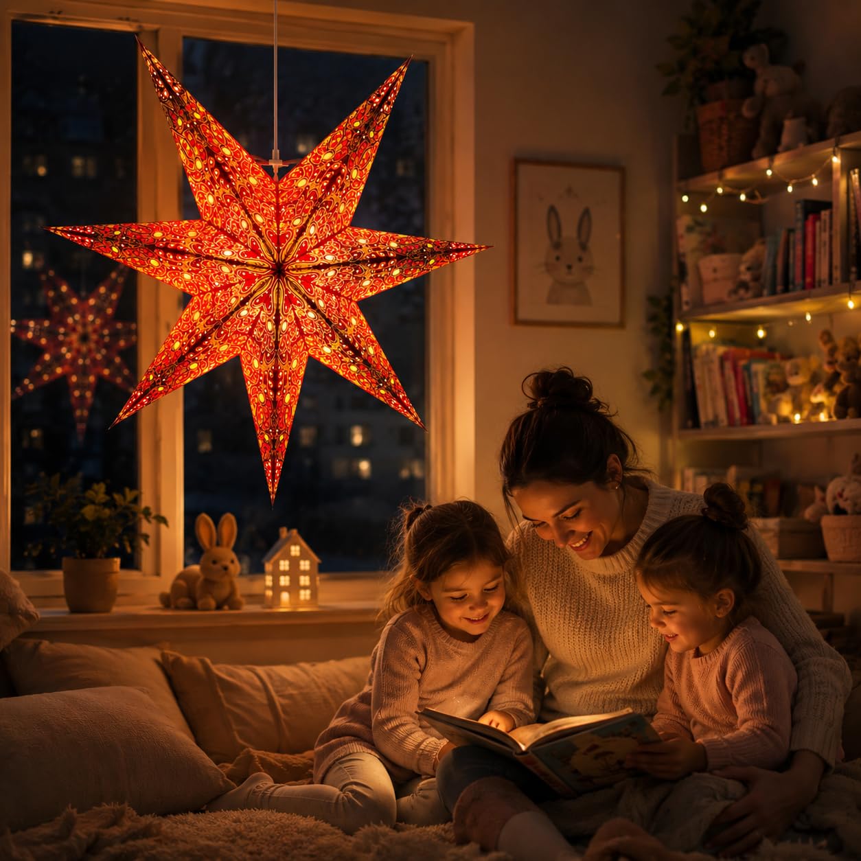 YEPSIO Lantern Lampshade Paper Star Light Shades Large 60cm Hanging Decorations for Christmas Wedding Home Decoration Birthday Party Foldable 7 Pointed Star (Bright Red, Yellow, Orange)