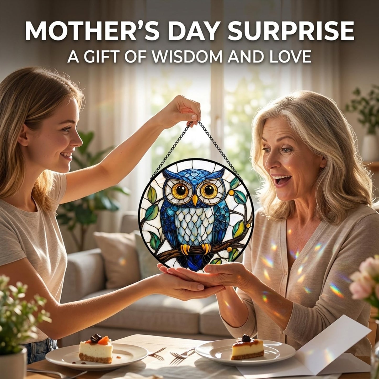 Owl Gifts for Mom - Blue Owl Faux Stained Glass Window Hanging Sun Catcher for Door Garden Acrylic Decor Mother's Day Christmas Birthday Gift for Bird Lovers Women Nana Men Grandma Wife Dad 7.8"