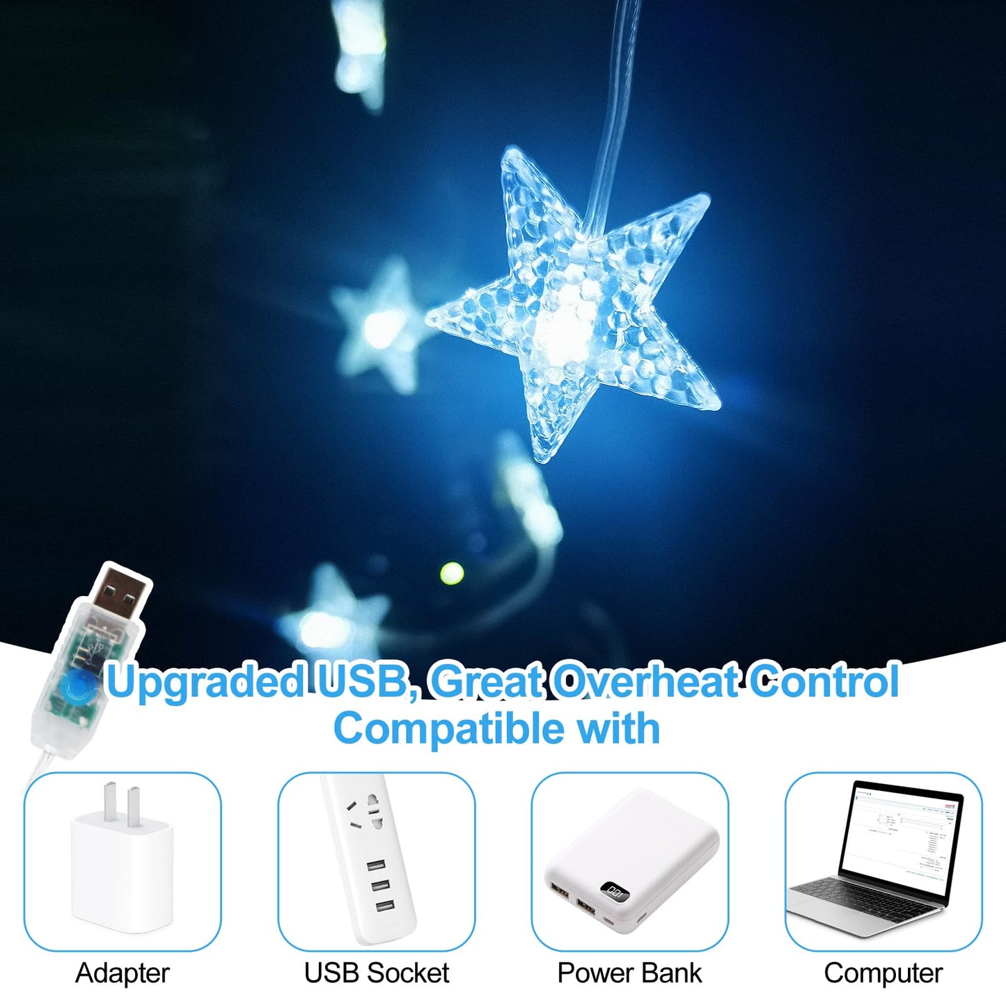 Star Curtain Lights Hanging Star Lights for Window 70 Stars String Light for Wall Décor USB Plug in 8 Modes Twinkle Fairy Lights for Christmas, Bedroom, Indoor, Outdoor, Weddings, Party (Cold White)