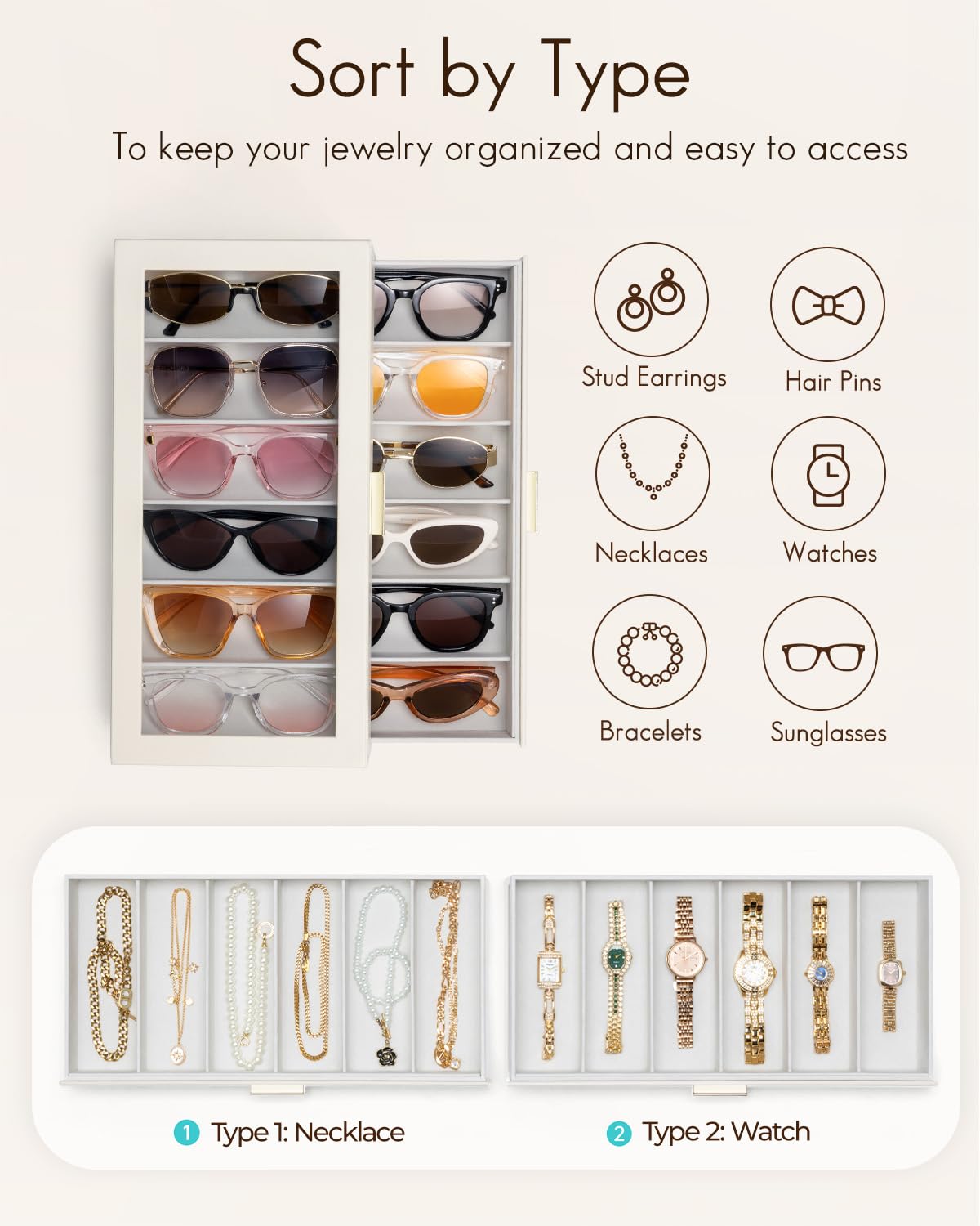 VLANDO 12-Grid Sunglasses Organizer Case, Large Capacity Eyeglass Storage Box with Clear Top Lid & 2 Drawers, PU Leather Sunglass Holder for Women Men, Ideal Gift for Eyewear Lovers - Beige