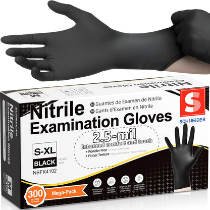 Schneider Medical Black Nitrile Exam Gloves, Box of 300, Latex Free & Powder Free Disposable Gloves, for Medical, Food Prep & Cleaning, Medium