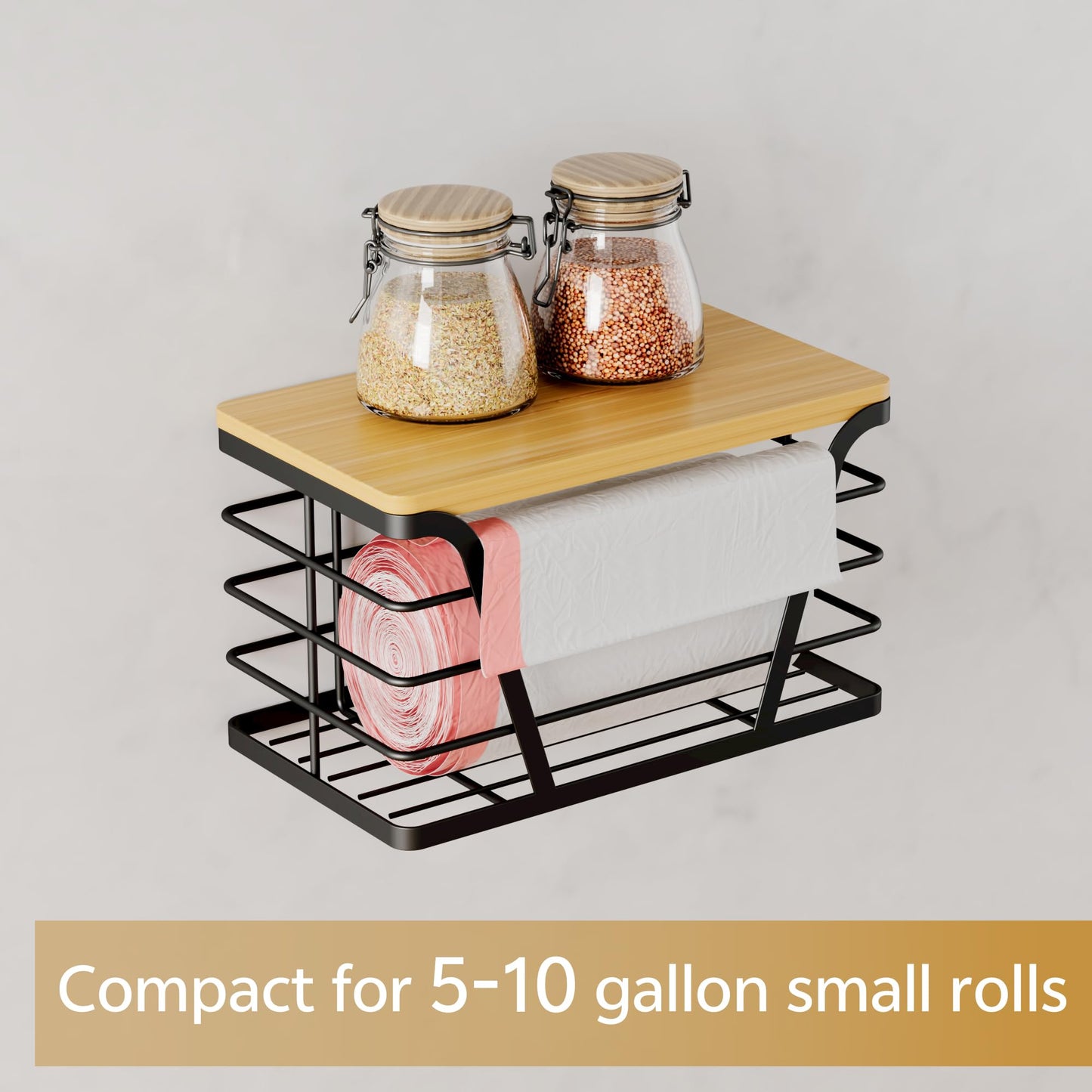 TIDIIABODE Small Grocery Bag Holder, Trash bag holder with Removable Bamboo Top, Wall Mount, No Drill, Stainless Steel, Black