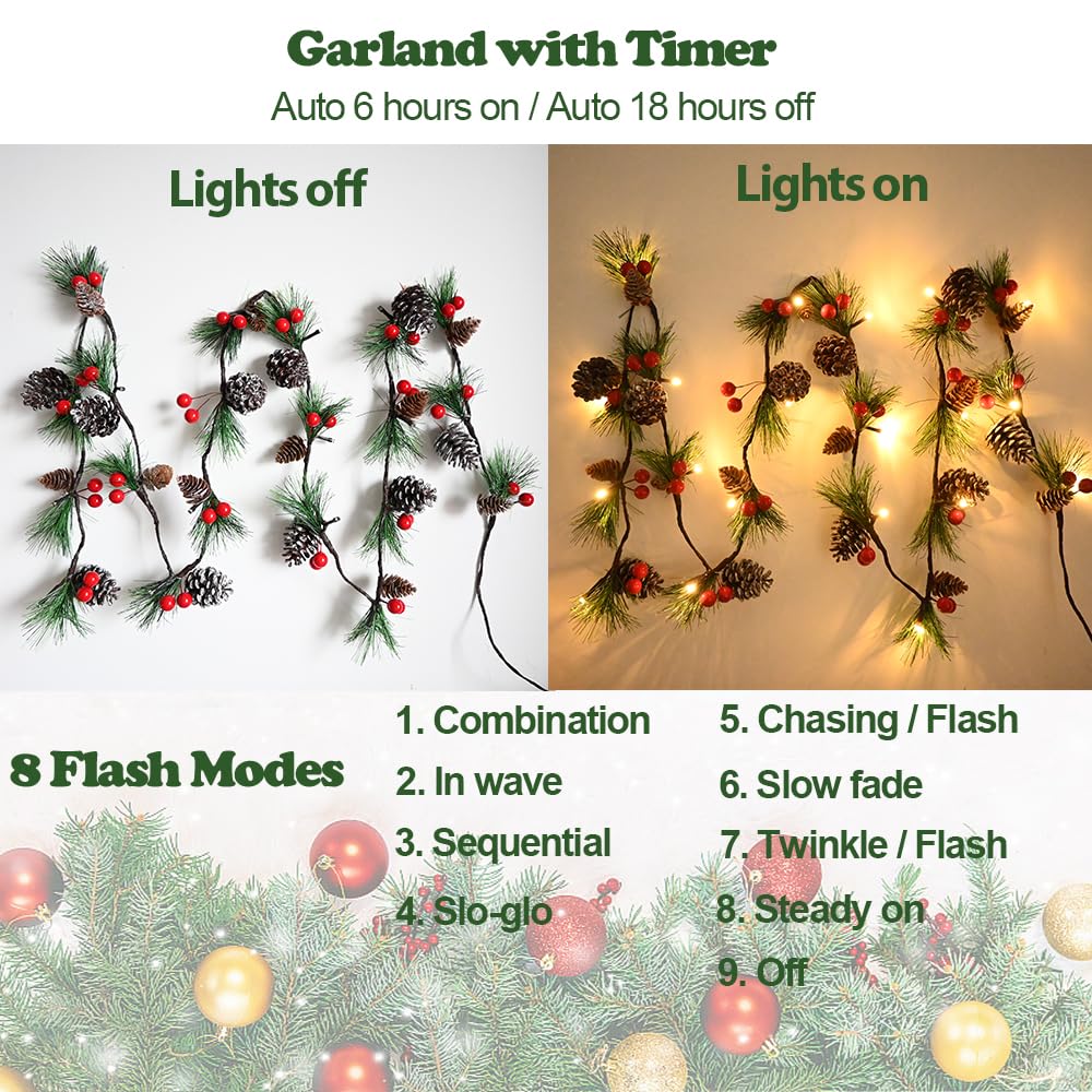 HamiFinee Christmas Garland Lights 6.56FT Holiday Prelit Garlands Pine Cone Garland with Red Berry Upgraded Battery Operated Garland with LED Lights Xmas Decor Lights for Outdoor Indoor Christmas