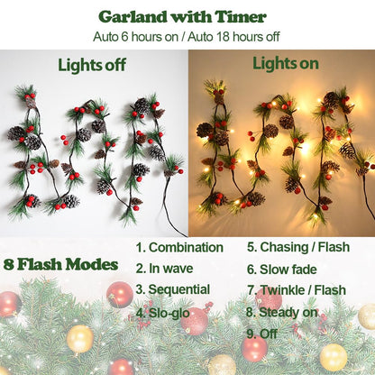 Christmas Garland Lights 6.56FT Holiday Prelit Garlands Pine Cone Red Berry Battery Operated with Remote Garland Wreath Xmas Decor Lights for Outdoor Indoor Christmas Tree Home Frontdoor Decorations