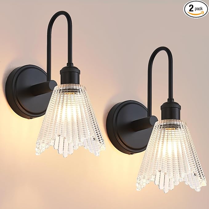 Wall Sconce Set of 2, Black Vintage Light Fixtures with Long Clear Glass Lampshade, Hardwired Sconces Wall Lighting for Bedroom, Bathroom, Living Room | Includes 2 LED Bulbs