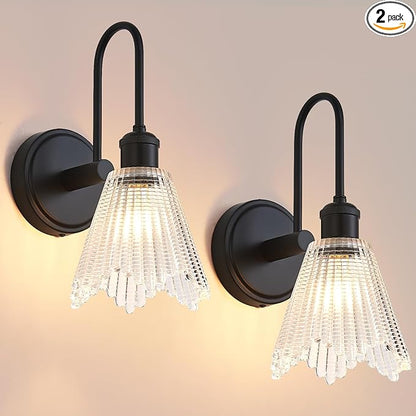 Wall Sconce Set of 2, Black Vintage Light Fixtures with Long Clear Glass Lampshade, Hardwired Sconces Wall Lighting for Bedroom, Bathroom, Living Room | Includes 2 LED Bulbs