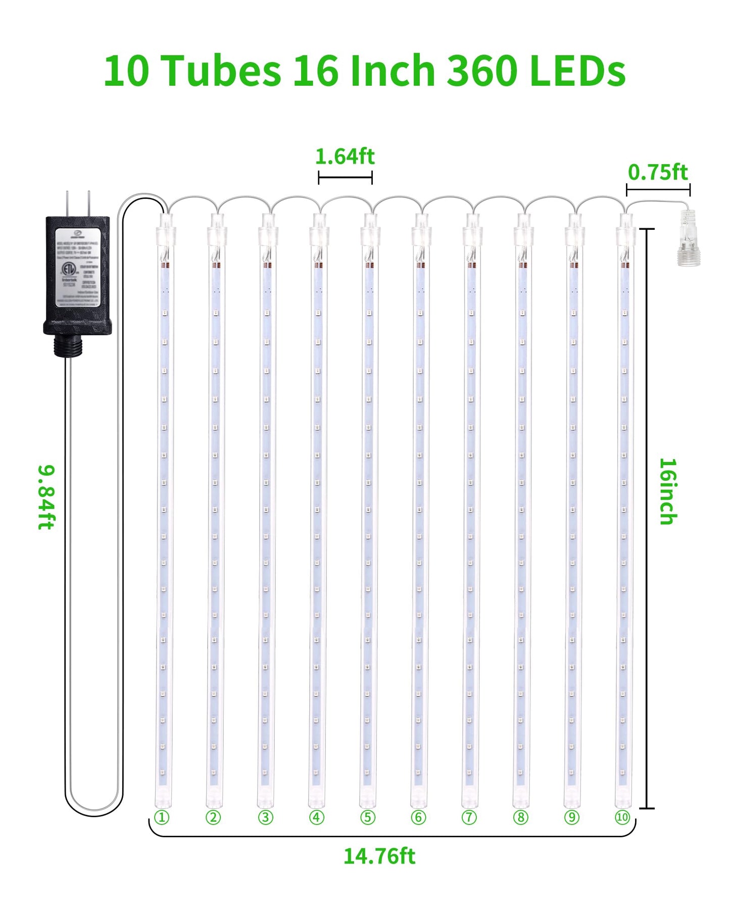 Blingstar Meteor Shower Lights Outdoor Christmas Lights, 16 Inch 10 Tubes 360 LEDs Falling Rain String Light with Timer, Waterproof Plug in Icicle Light for Tree Porch Roof Yard Xmas Decoration, Green