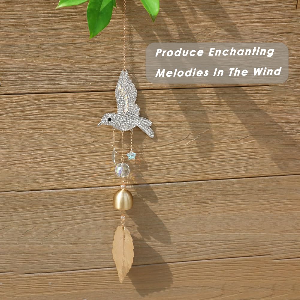 Hummingbird Rhinestone Hanging Bell for Window Garden Decor with Suncatcher