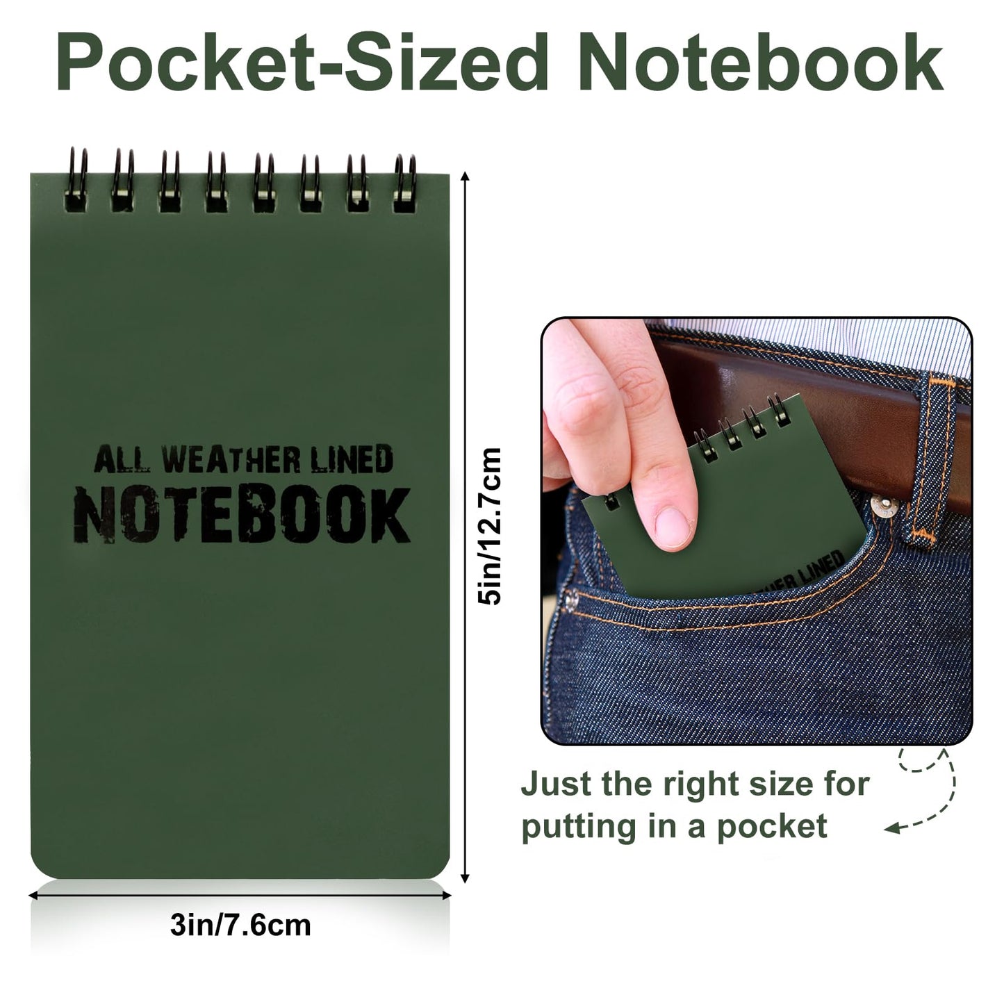 RETON 10 Pack Waterproof Notebook, 3 x 5 Inches Waterproof Pocket Notepad, All-Weather Top Spiral Memo Steno Pads with Grid, Write in the Rain Notebook for Outdoor Activity Recording (Army Green)