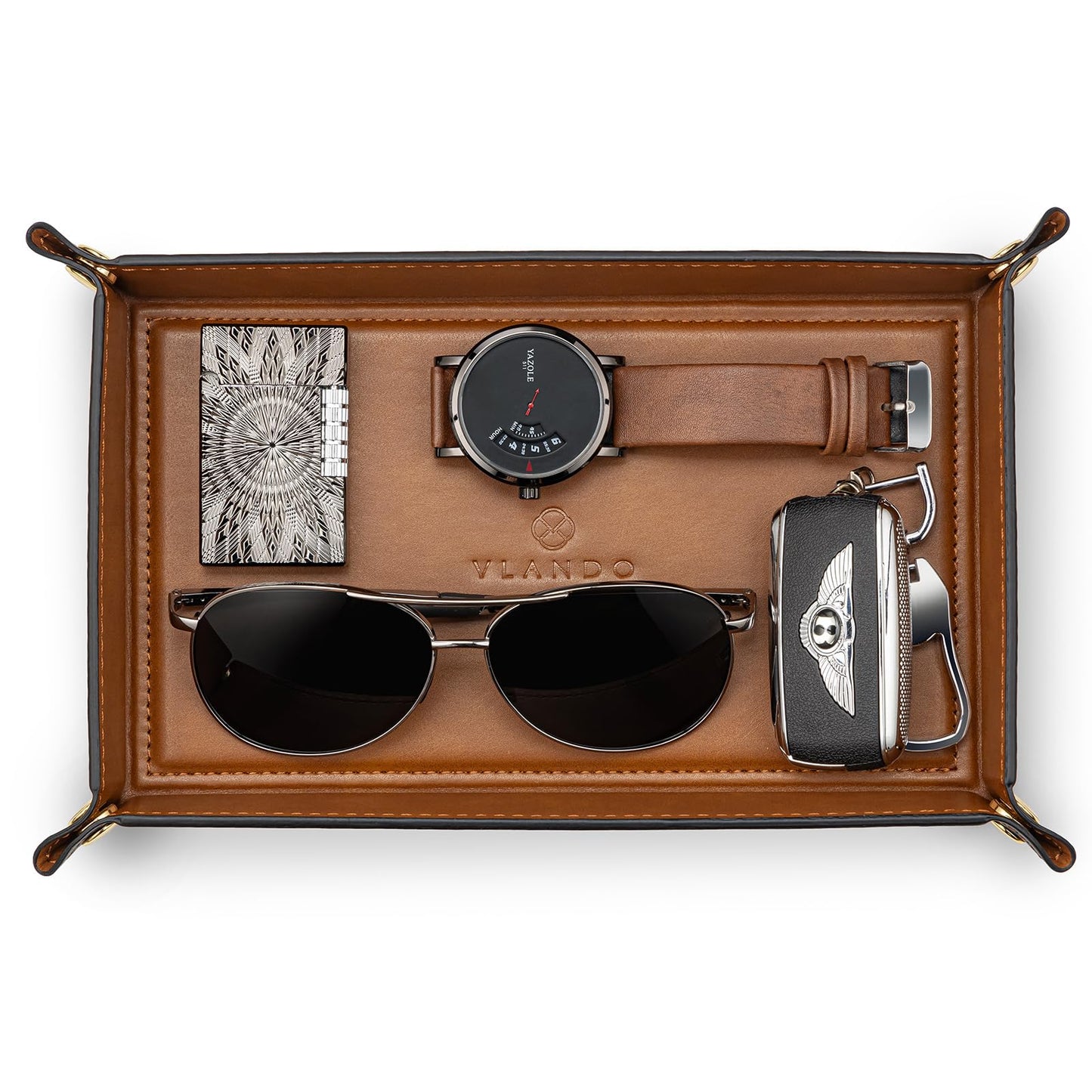 VLANDO PU Leather Valet Tray, 8.5 x 5 x 1.5 Inch Catchall Organizer for Men, Desk Nightstand Dresser Holder for Keys Phone Wallet Watch Coins, Entryway Gift