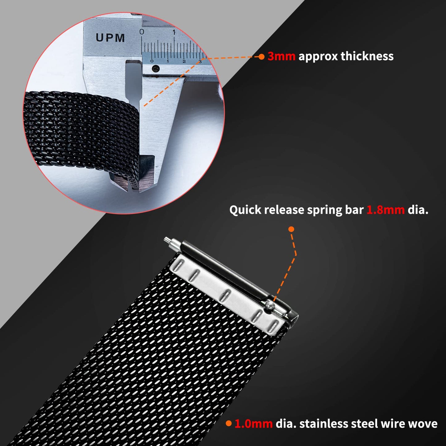 BERNY Stainless Steel Mesh Watch Band for Mens Women Quick Release Adjustable Watch Straps Thick Heavy Duty Metal Bracelet with Safty Clasp Black 24mm