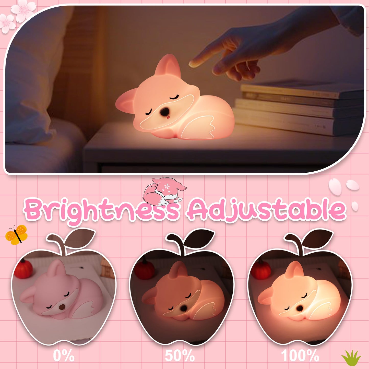 Okayera Fox Lamp for Girls, Pink Silicone Squishy Fox Shaped, 20 Mins Auto-Off Rechargeable Dimmable Night Light, Fox Gifts for Nursery Baby Girl Women, Christmas White Elephant Gifts Idea