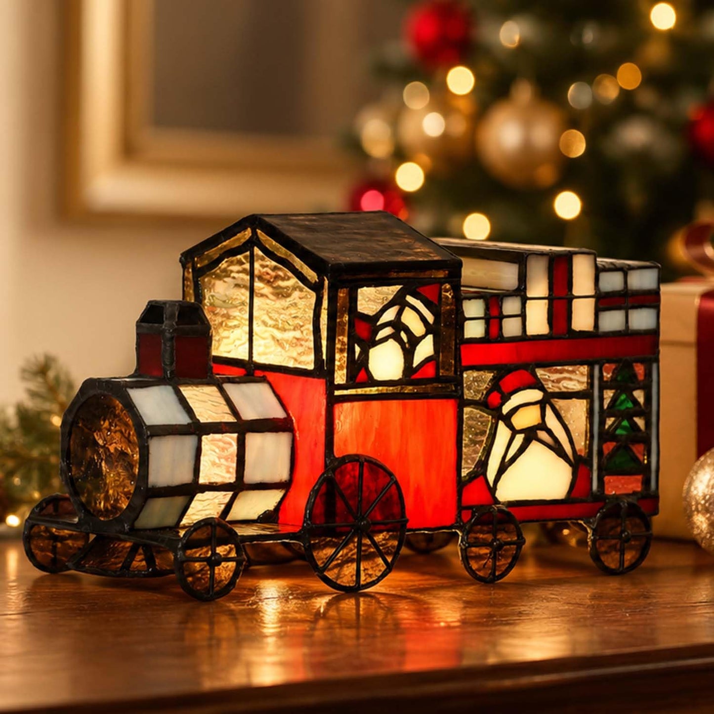 Bieye L10775 Christmas Train Tiffany Style Stained Glass Accent Table Lamp Night Light for Home Decoration, 9" L x 5.5" H