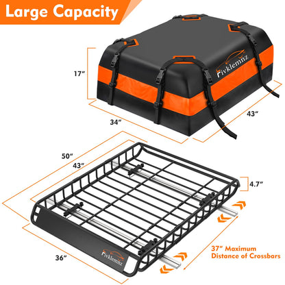Roof Rack Cargo Carrier, Universal Roof Basket (51"x 36"x 5") + 15 Cubic Feet Waterproof Rooftop Cargo Carrier Bag (46"x 34"x 17") with Bungee Net, Ratchet Straps, Storage Bag, Luggage Lock