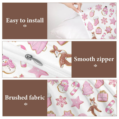 Delerain Comforter Cover Set Queen Size, Pink Christmas Gingerbread Cookies 3-Piece Bedding Set for Women Men Modern Soft Microfiber Bedroom Set Room Decor, 1 Duvet Cover + 2 Pillowcases