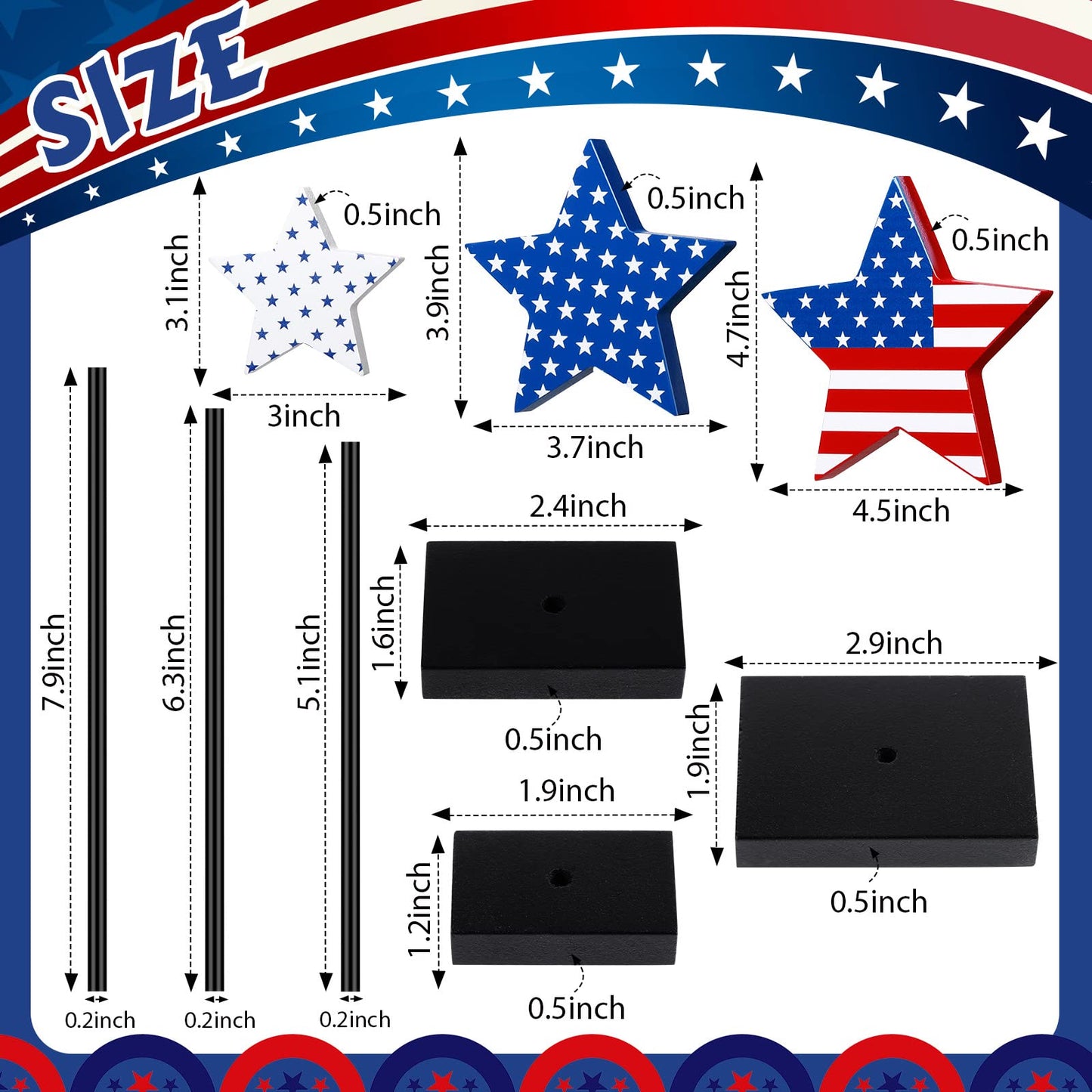 Geelin 6 Pcs Independence Day Standing Star Block Set Wooden Star Table Decoration Signs Memorial Day 4th of July Wood Patriotic Decor for American Festival Celebration Home Party Decor (Stripe Style)