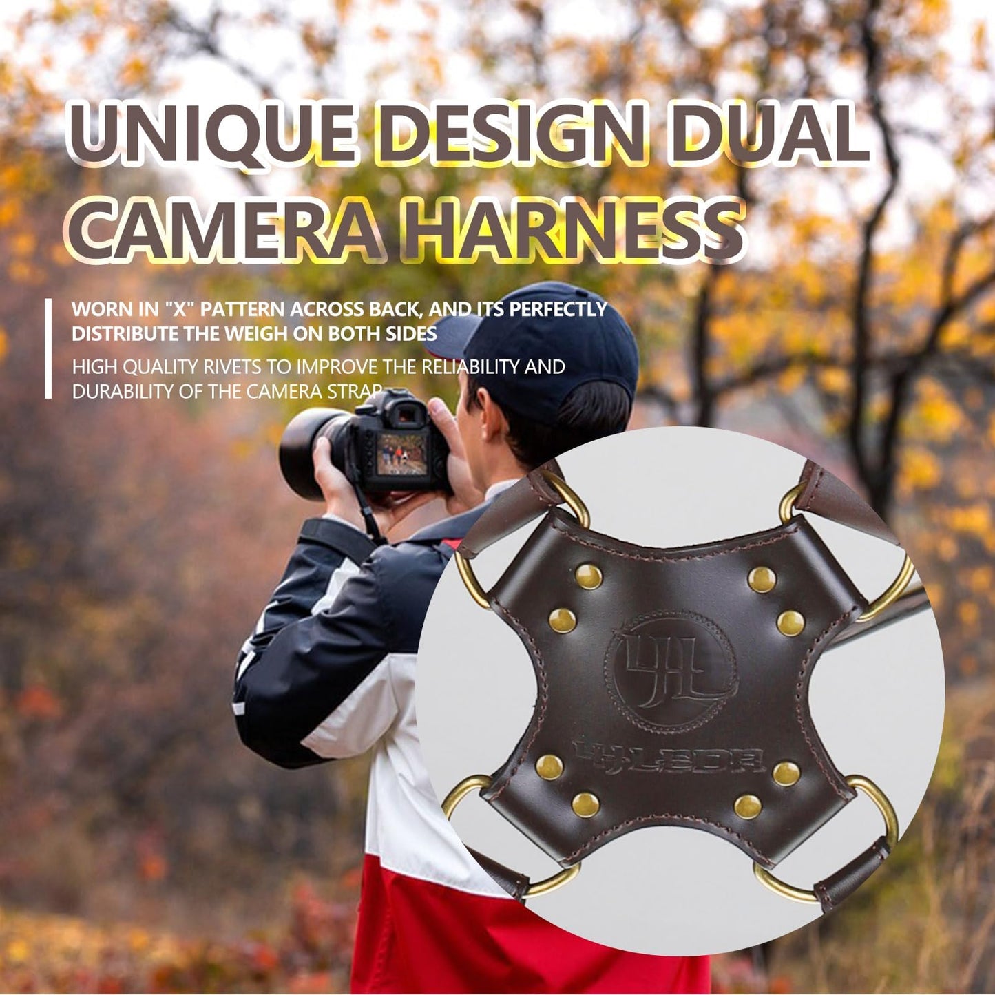 4J LEDR Dual Camera Harness Strap for Two-Cameras,Dual Shoulder Full Grain Leather Harness,Multi Double Camera Gear for DSLR/SLR Strap,Double Camera Harness for Photographers,Small Size,Brown