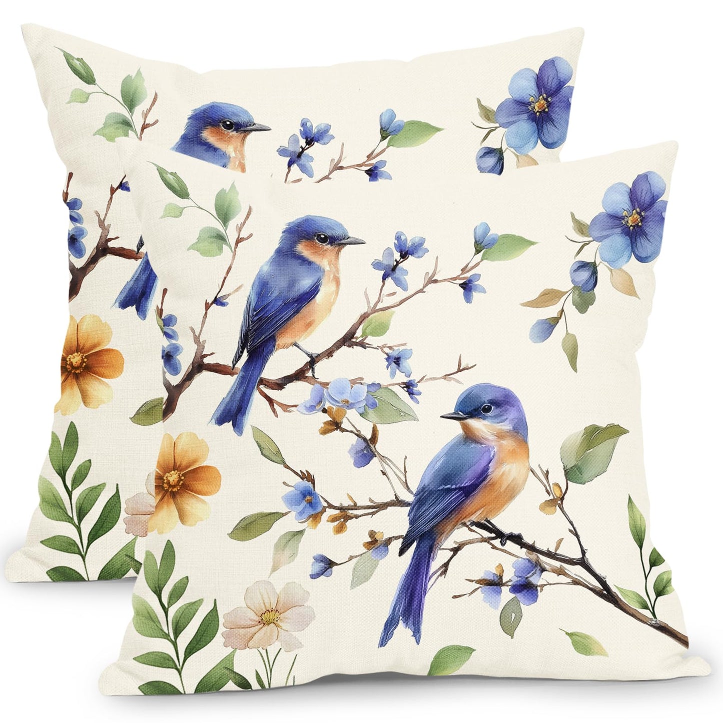 Spring Summer Pillow Covers 24x24 Inch Set of 2 Blue Floral Bird Decorative Outdoor Throw Pillows Yellow Green Flower Pillowcases Cotton Linen Cushion Cover for Sofa Bed Couch Home Decor