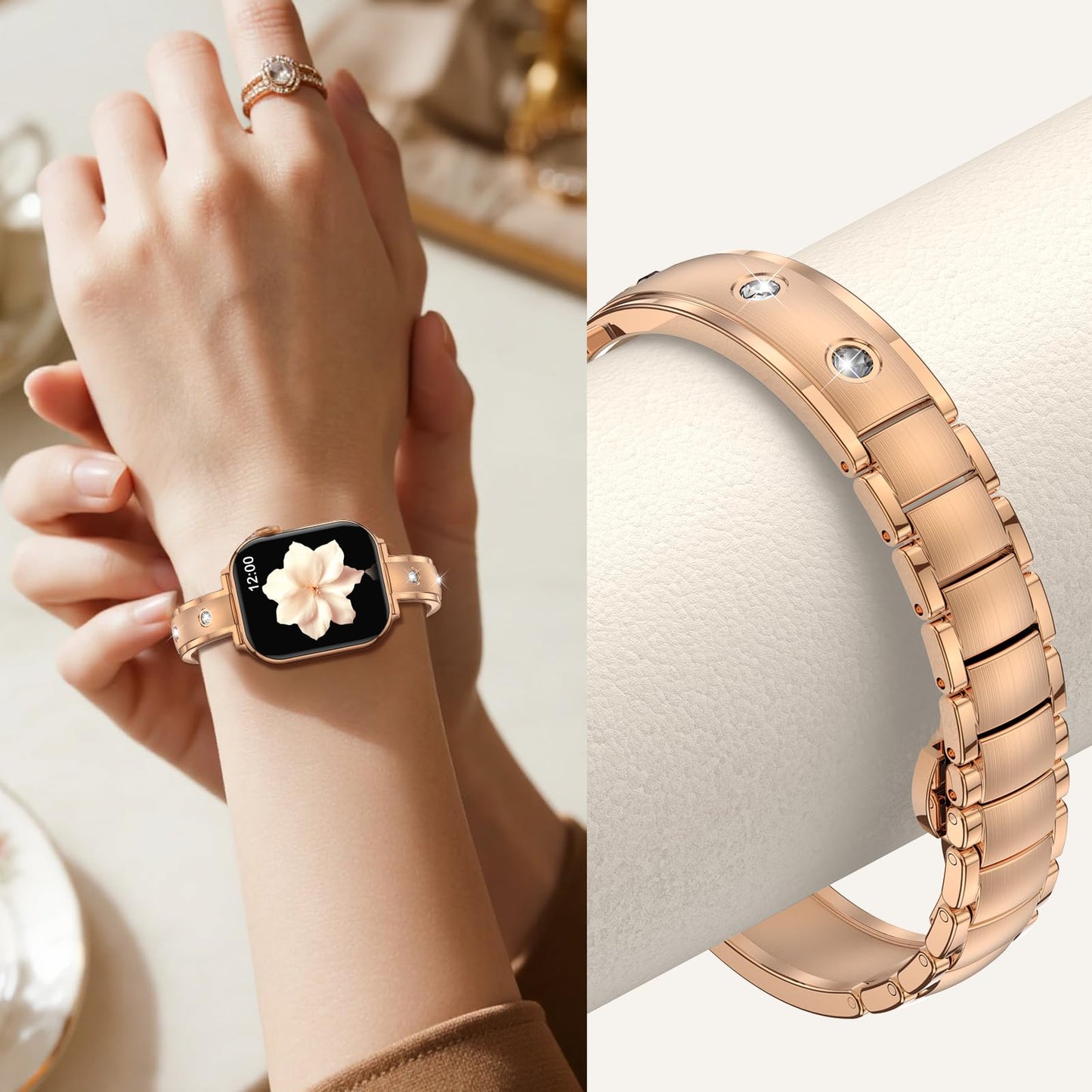 BAITEYOU Thin Narrow Stainless Steel Bands Compatible with Apple Watch Band 49mm 46mm 45mm 44mm Series Ultra 11 10 9 8 7 6 5 4 SE 3 2 1 42mm for Women, Dressy Metal iWatch Strap Bracelet Rose Gold