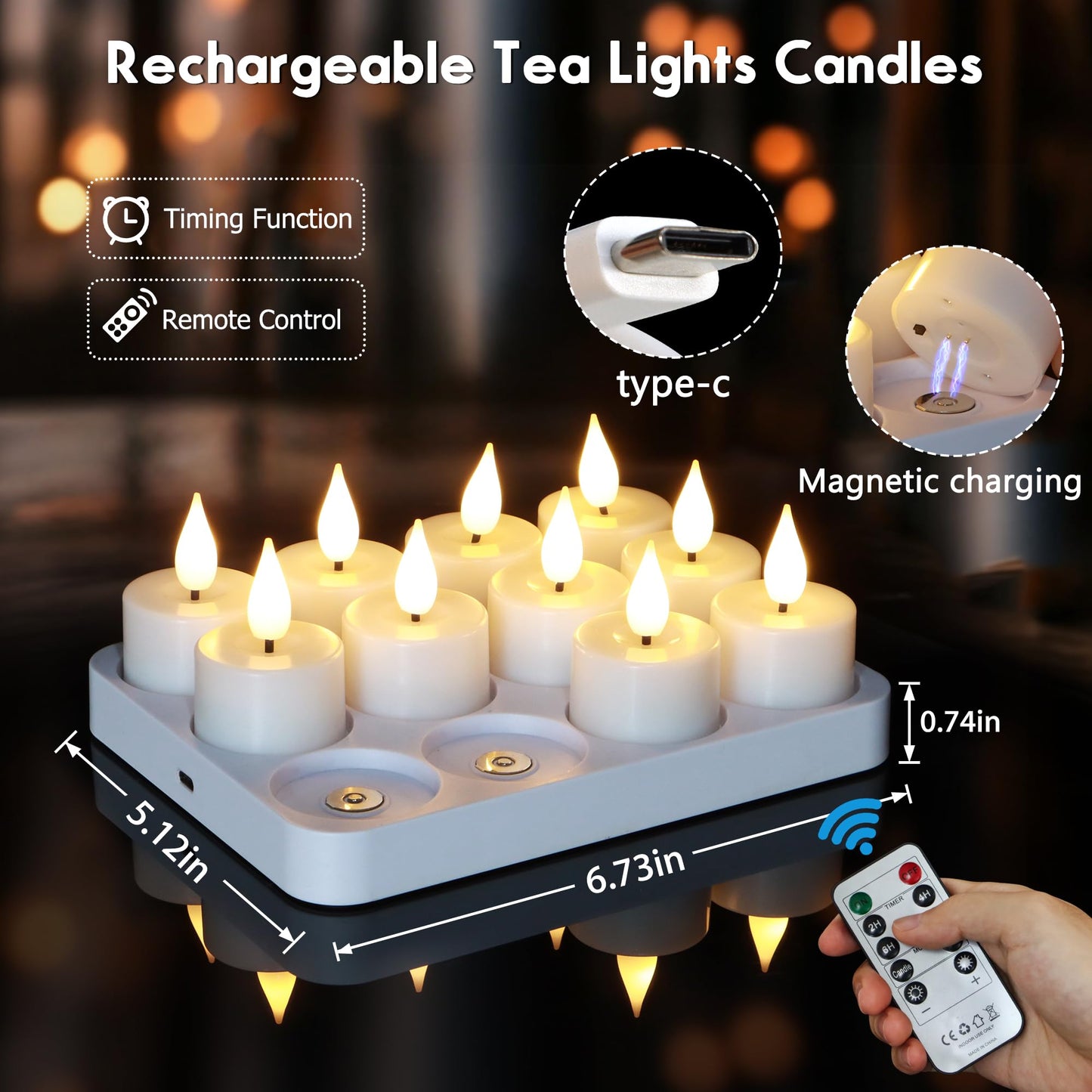 FREEPOWER Rechargeable Flameless Tea Lights with Charging Base & Remote Timer, 12 Pack USB Rechargeable Tealights Candles Battery Operated, Flickering Realistic for Home Christmas Wedding Decor