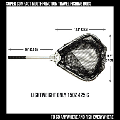 Travel Fishing Landing Net. Super Compact, Folding, Rugged Travel Fish Net. Extra Deep Coated, Low Smell Net + S Carry Hook. Freshwater and Saltwater Angling.