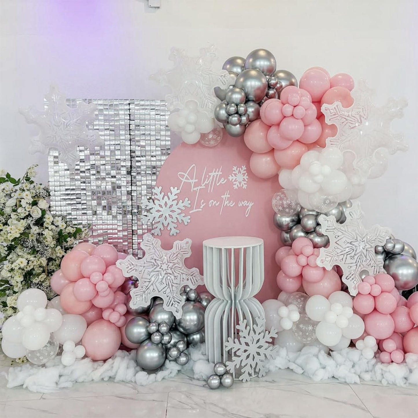 Pink White Silver Balloons Arch Kit, 154pcs Pink Winter Wonderland Balloons Garland Kit for Girls Princess Snowflake Theme Wedding Baby Shower Birthday Christmas Party Decorations