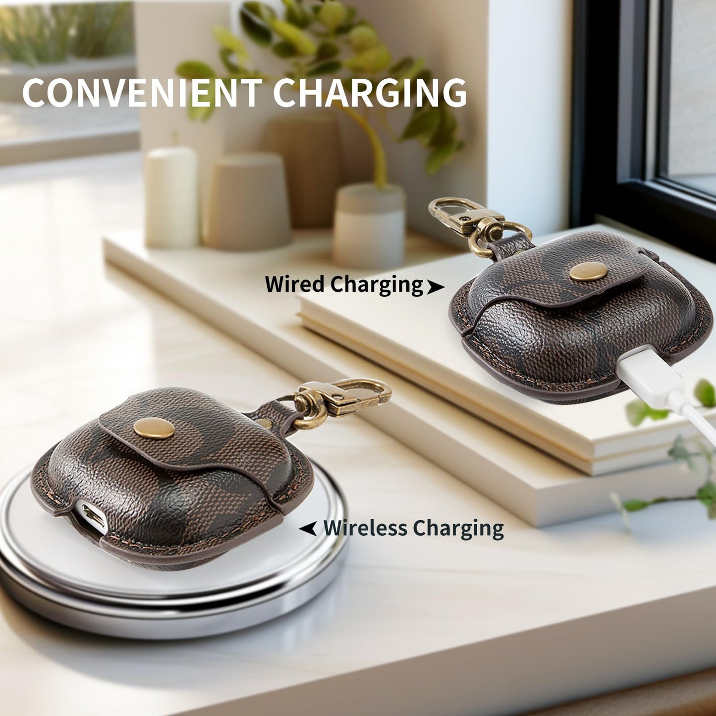 for AirPods 4 Case Cover 2024, Leather Full-Body Protective Case for AirPods 4th Generation Wireless Charging Case for Women Men with Keychain-Coffee