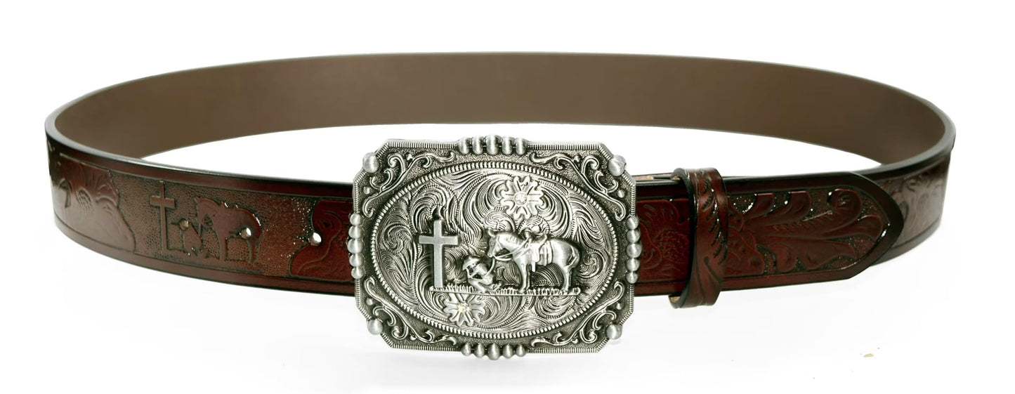Moranse Western Cowboy Horse & Bull Style Buckle And Genuine Cow Leather Belts