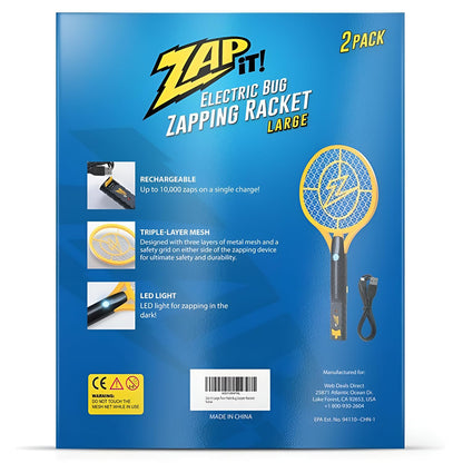 ZAP iT! 4,000 Volt Electric Handheld Bug Zapper Racket - USB Rechargeable Indoor Safe Mosquito Zapper and Fly Swatter for Indoor and Outdoor Use - 2 Pack (Large, Yellow)