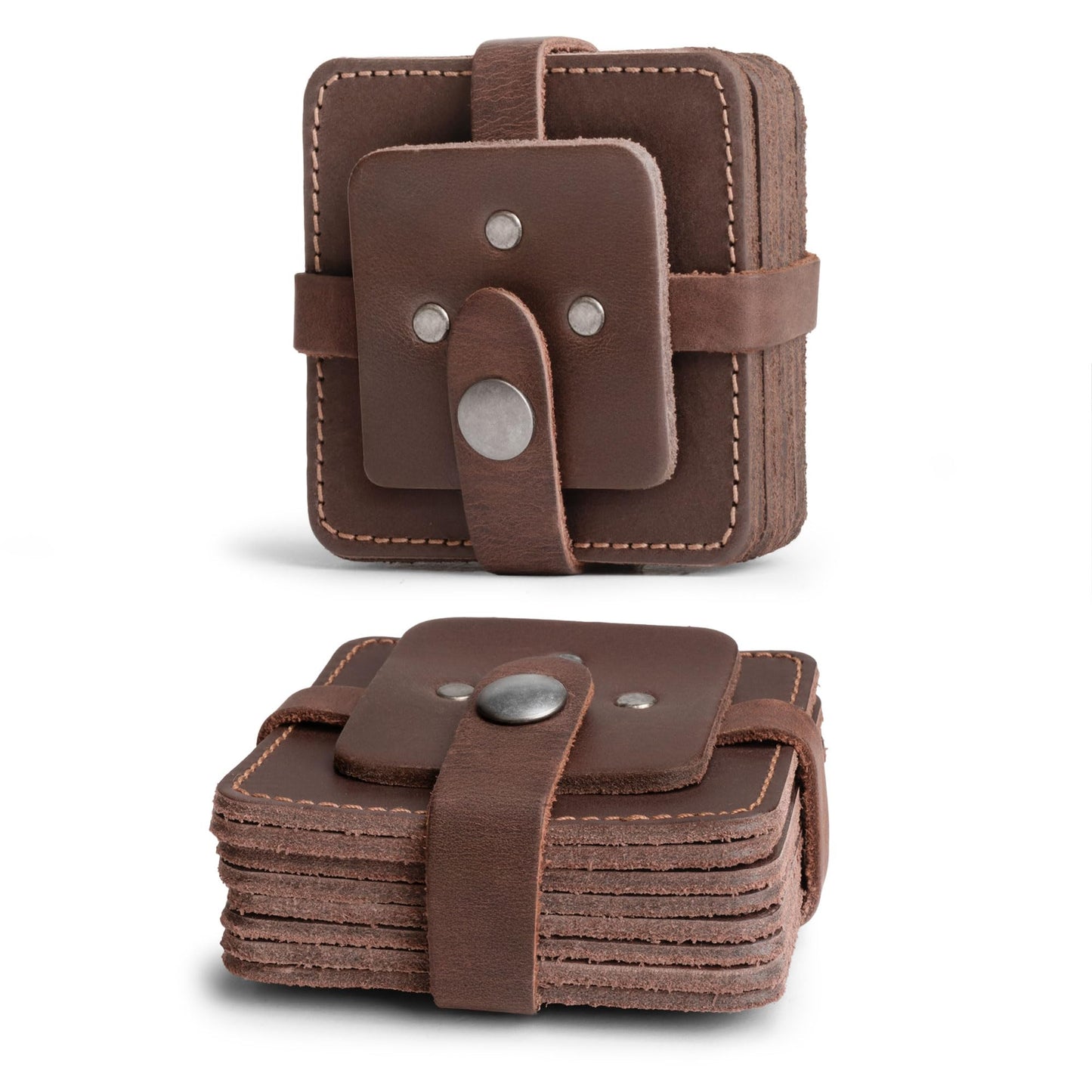 Hide & Drink Leather Coasters Set of 8, Premium Leather Table Protection for Drinks, Elegant Accessory for Home/Office, Protects Surfaces, Bourbon Table Coasters, Bar, Western (Bourbon Brown)