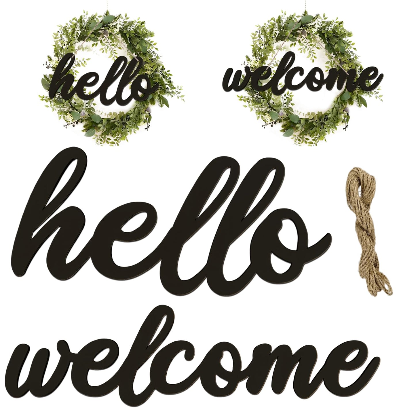 WOODOUNAI 10 Pcs Black Wooden Hello & Welcome Sign Wooden Cutout Letter Hello Welcome Sign for Wreath Crafts Decorative Word Signs for Door Wall Christmas Trees Home Decor (Black)