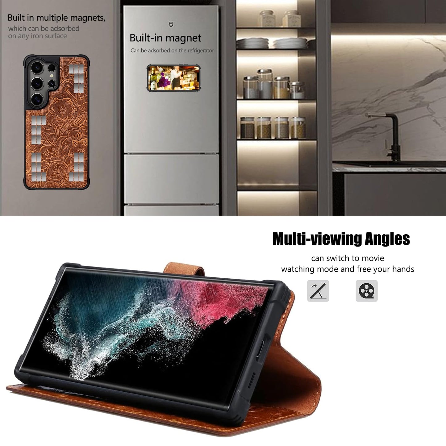 RMAWRAD Leather Case Wallet Compatible with Samsung Galaxy S23 Ultra,Genuine Leather2-in-1Magnetic Detachable Shockproof,Flip Folio Cover with Card Slot, RFID Blocking Brown