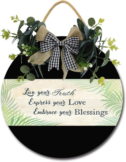 Embrace Your Blessings Front Door Sign Funny Wreaths Hanging Wooden Plaque Decoration Round Rustic Wood Farmhouse Porch Decor for Home Front Door Decor, 12 x 12 Inch