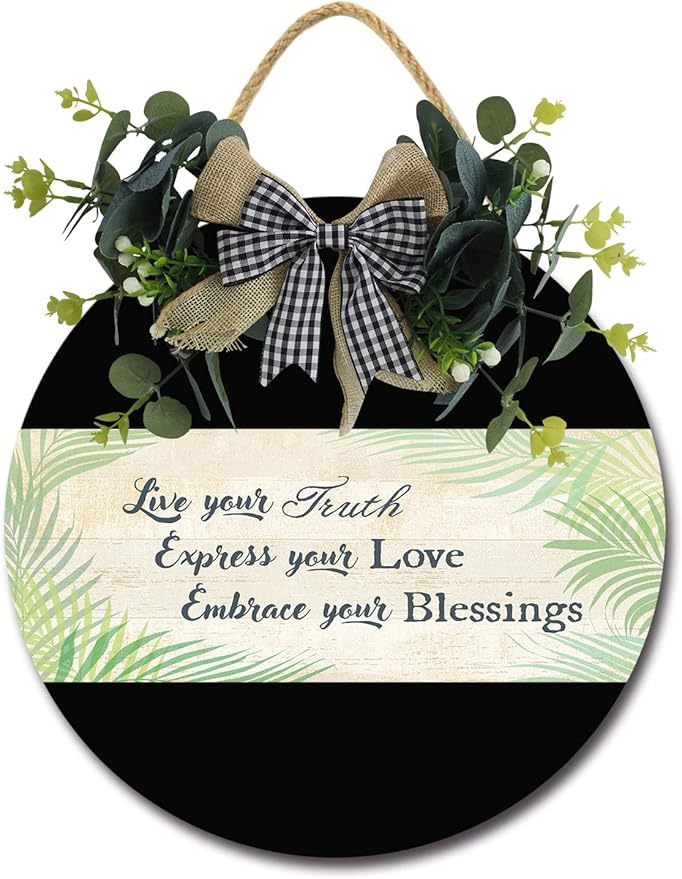 Embrace Your Blessings Front Door Sign Funny Wreaths Hanging Wooden Plaque Decoration Round Rustic Wood Farmhouse Porch Decor for Home Front Door Decor, 11 x 11 Inch