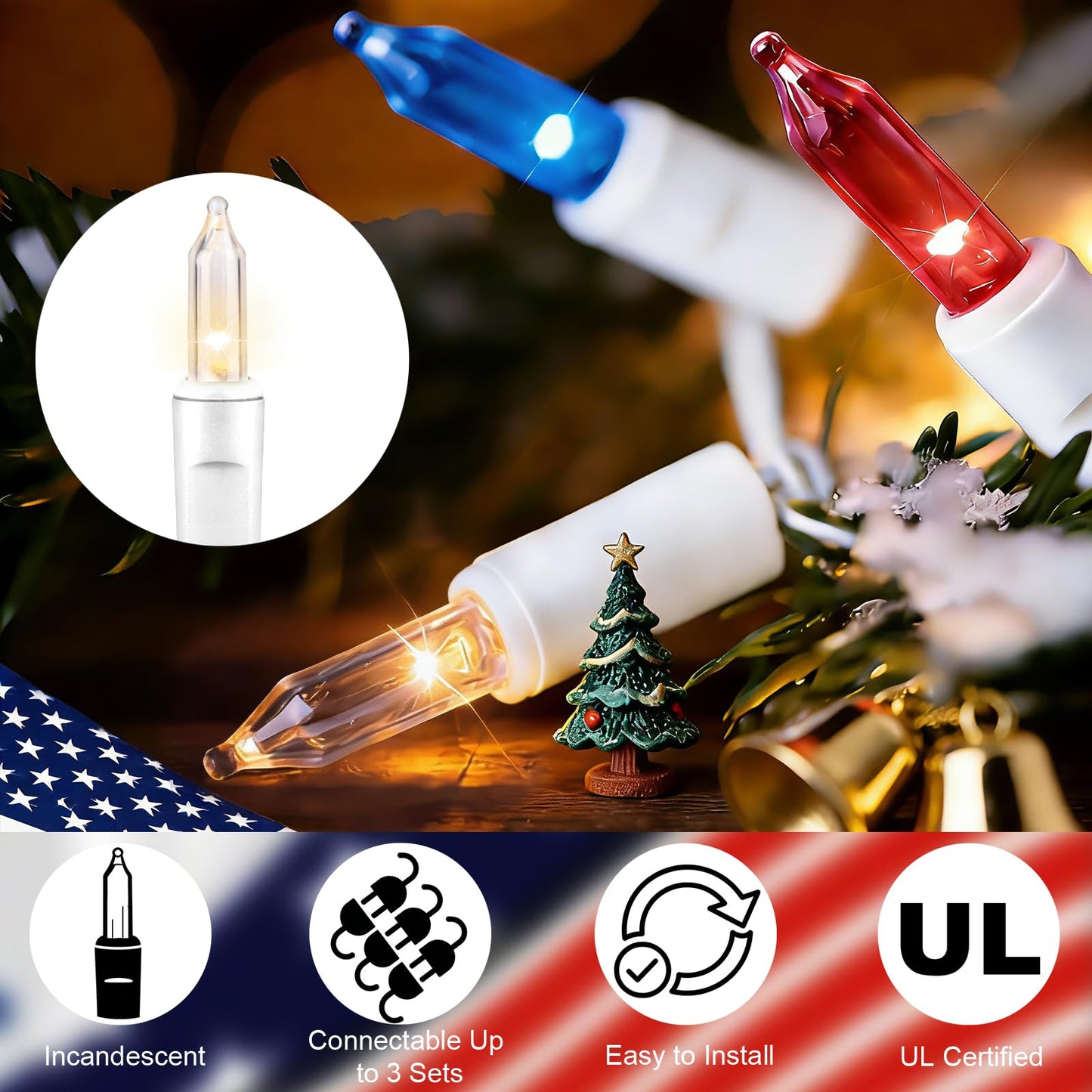 TWINGLEHOME 100 Incandescent Icicle String Lights with White Wire, Multifunctional Modes Lighting (Red, White, Blue) for Nation Day