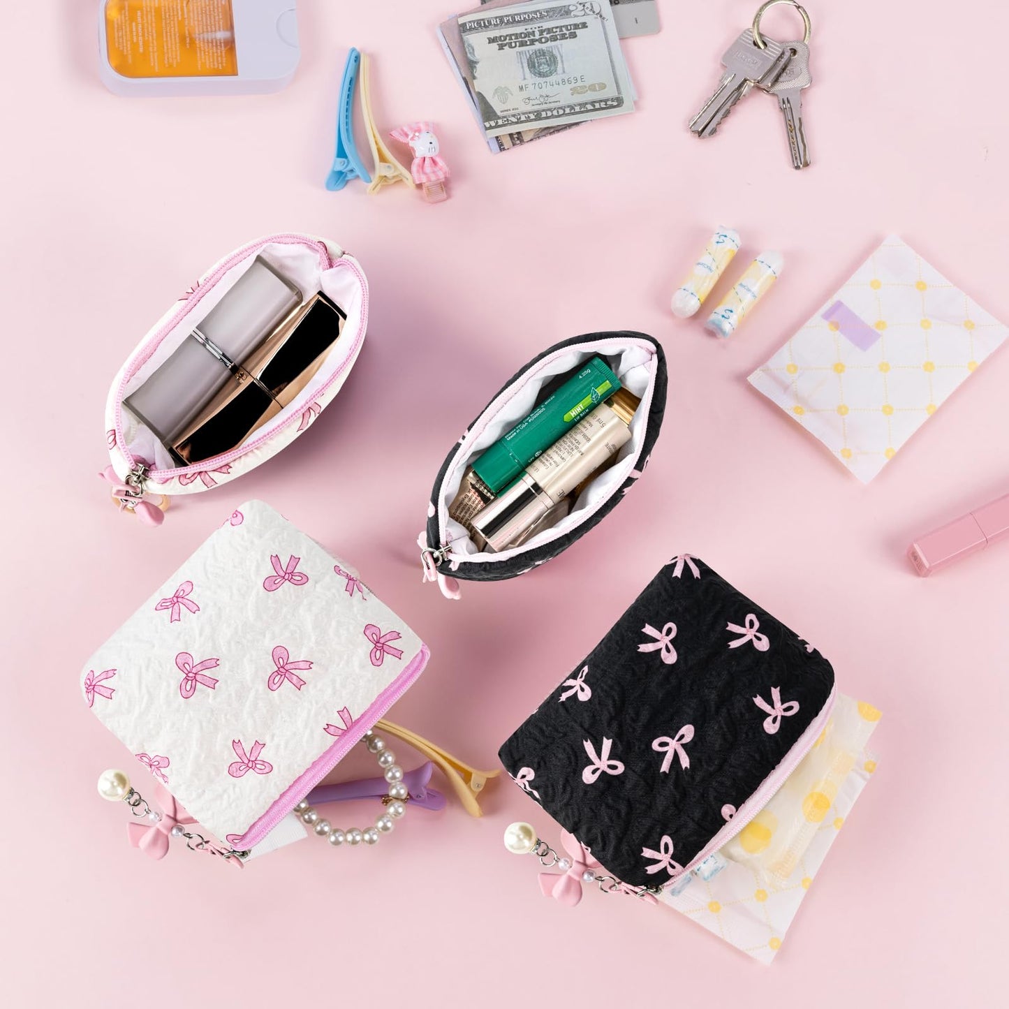Playexen Mini Makeup Bag, Small Bow Tie Cosmetic Bag for Purse with Keychain, Portable XS Travel Makeup Pouch for Daily Use (Pink)