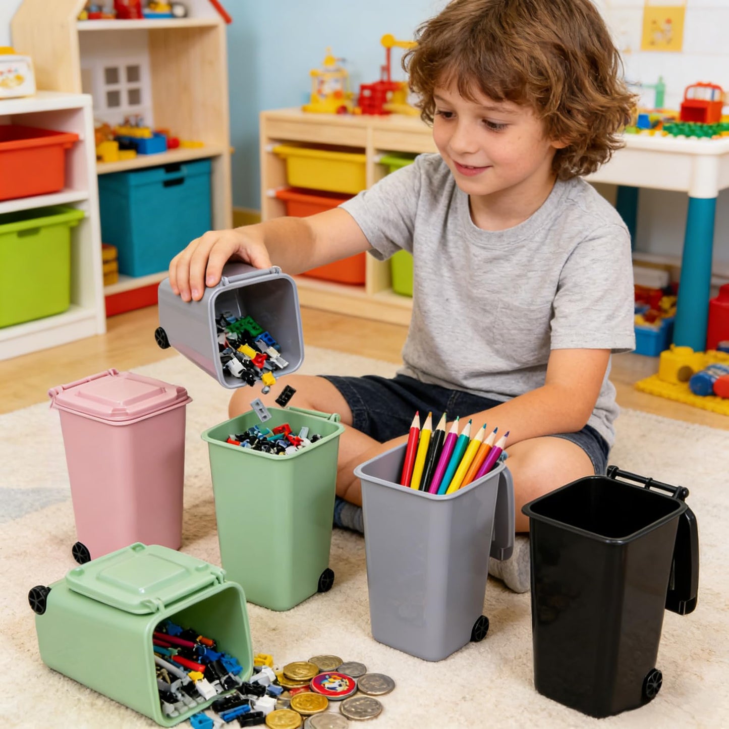 Goaste 12 Pack Mini Desk Trash Can, 22 OZ Tiny Curbside Garbage Bin with Lid, Small Plastic Desktop Wastebasket, Unique Office Pen Holder Pencil Cup, Counter Waste Basket for Home Kitchen Tabletop