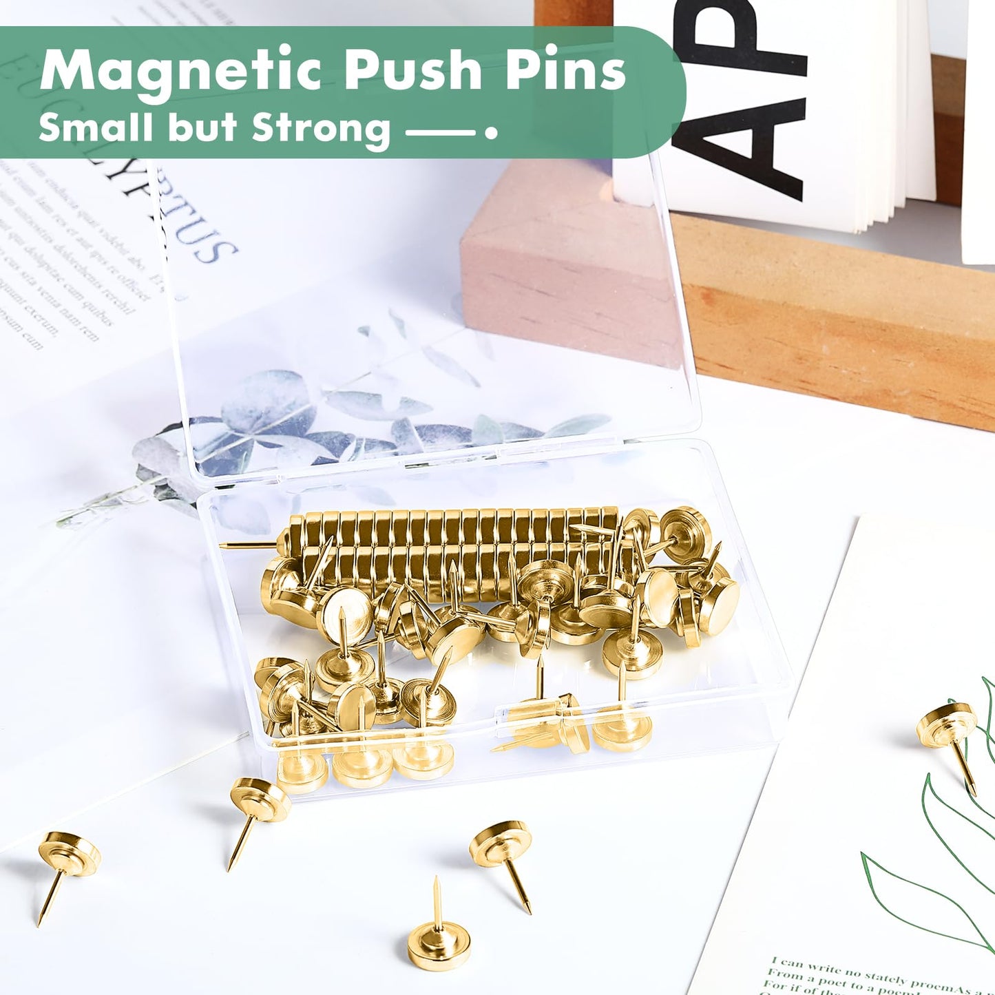 GOOLADA 60 Sets of Gold Magnetic Push Pins, Flat Poster Hanger, Cute Push Pins for Corkboard,Thumb Tacks for Wall Hangings, Decorative Pushpins for Bulletin Board