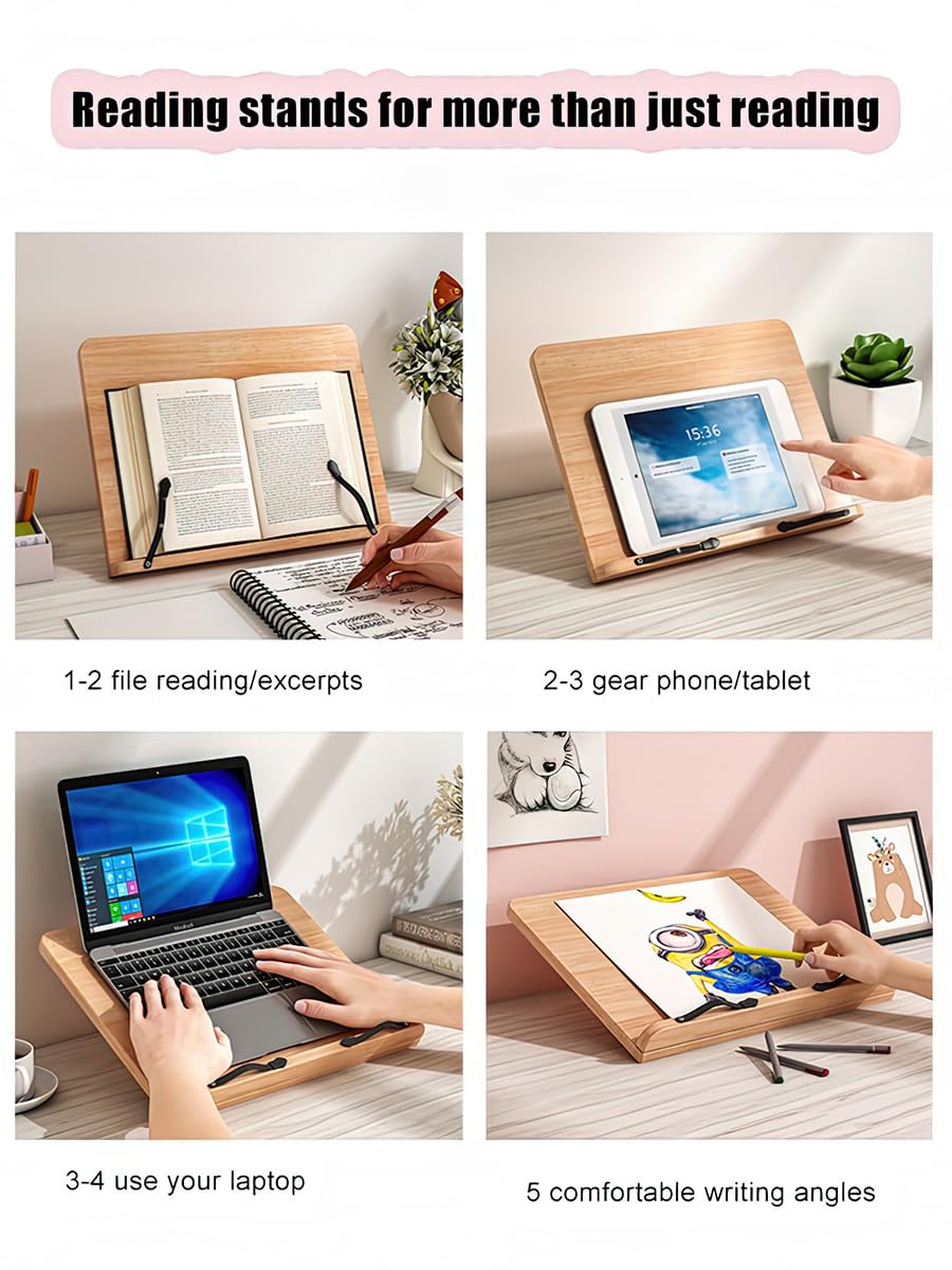 Bamboo Book Stand with Page Clips - Adjustable Holder for Cookbooks/Textbooks, Stable Lightweight Portable Reading Desk (Natural Bamboo)