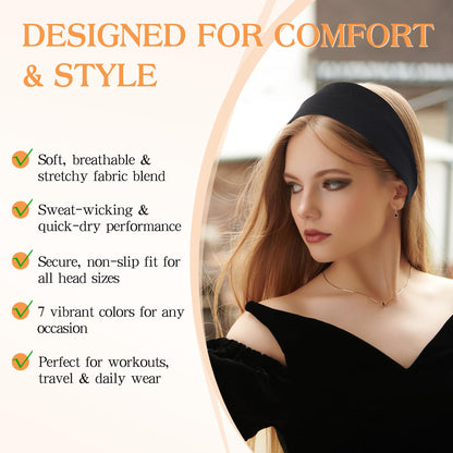 DiyJibb Headbands for Women, Stretchy Non Slip Soft Cotton Cloth Hair Bands for Sports, Workout, Yoga and Running, 7pcs