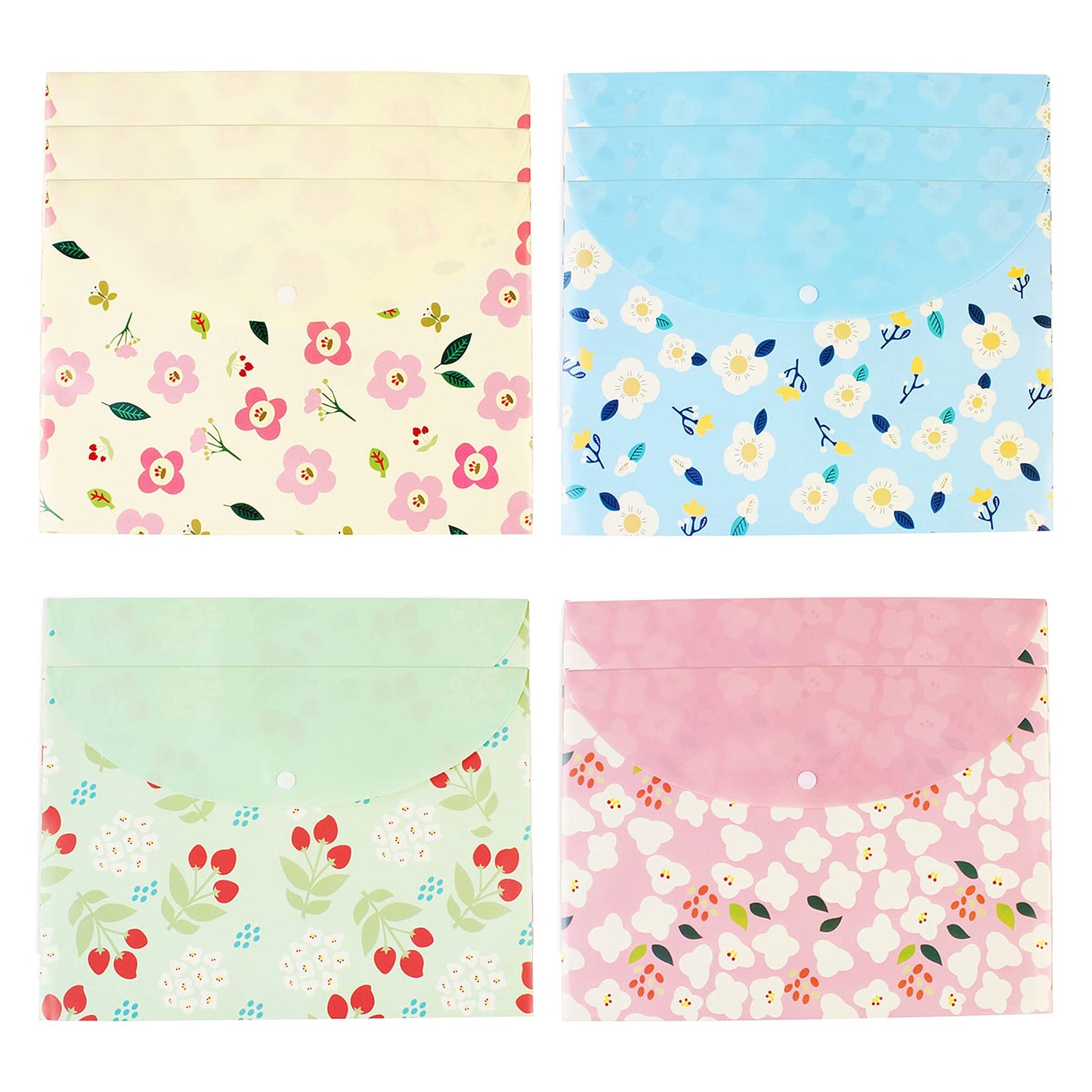 10 pcs Style Floral Printed A4 Paper Document File Folder Poly Envelopes Document Organizer Booklet File Paper Folders with Snap Button 4 Color (4 Color, A4)