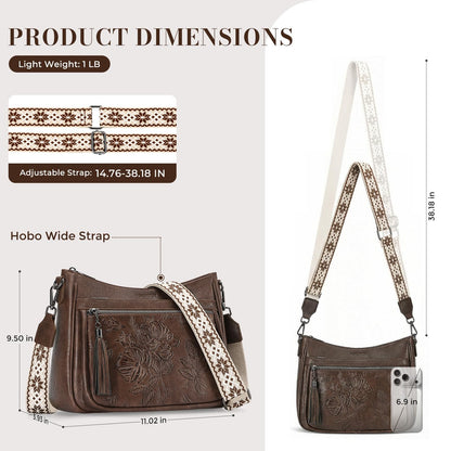 FORUWISH Crossbody Bags for Women, Coffee Brown Vegan Leather Medium Crossbody Purse, Spacious Daily Travel Shoulder Bag with Boho Strap